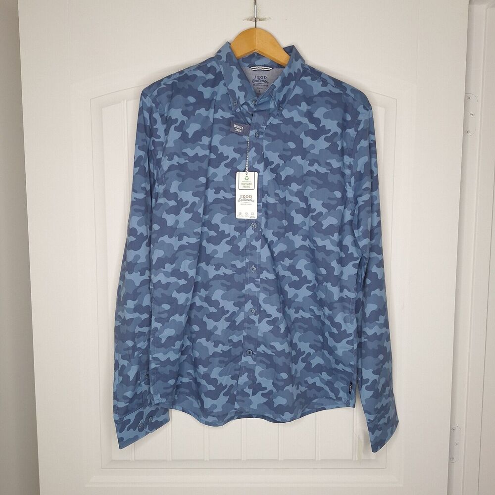 Izod Saltwater Shirt Mens Large Blue Slim Fit Camouflage Button Up Stretch